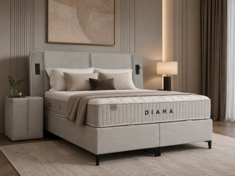 Luxurious beige upholstered bed with tufted headboard and neutral bedding in a calm, elegant bedroom.