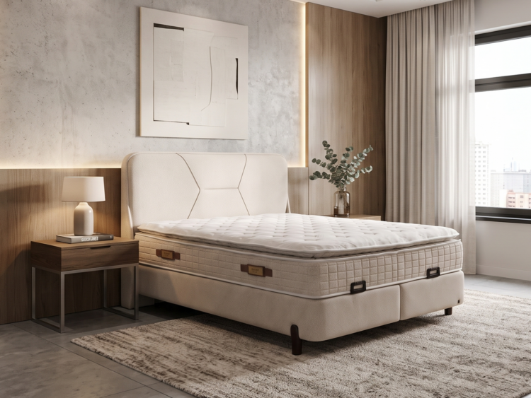Modern bedroom with a large upholstered bed, tufted mattress, and wooden headboard; nightstand lamp and decorative vase on the side table on a rug-covered floor.