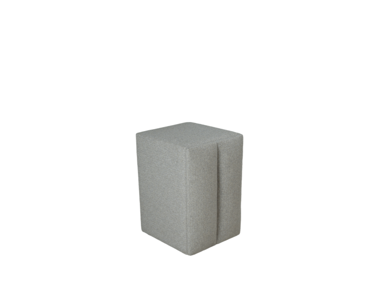 Light gray upholstered cube ottoman with a vertical seam on the front edge