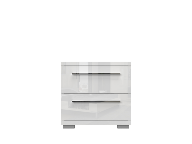 White glossy dresser with three drawers and horizontal metal handles in a bright showroom setting.