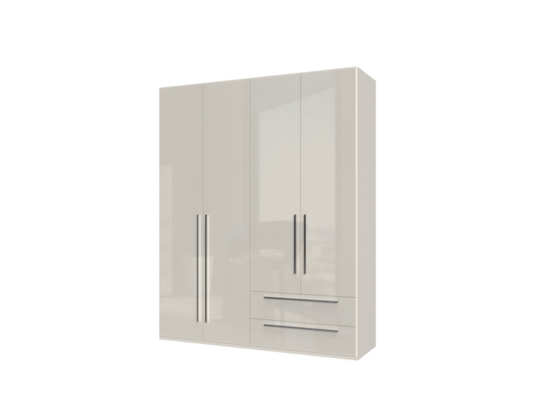 White glossy wardrobe with two tall outer doors and a center door featuring a glass panel; drawers at the bottom right.