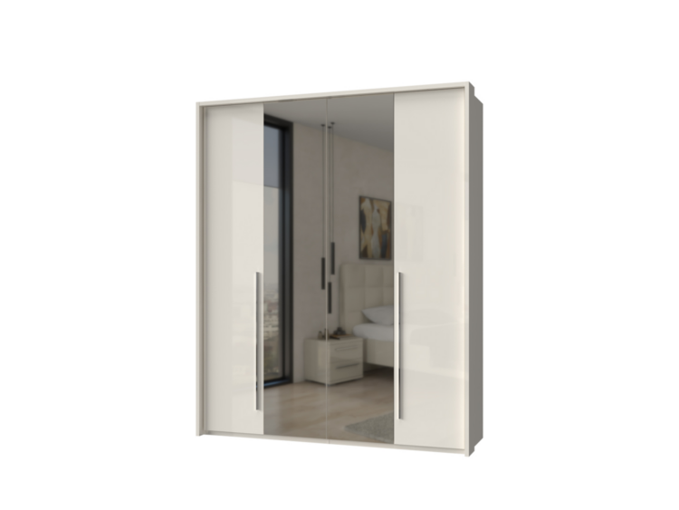White wardrobe with three mirrored sliding doors reflecting a bedroom.