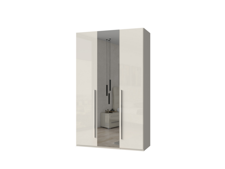 White glossy wardrobe with two central mirrored doors and long vertical handles, shown in a modern bedroom setting