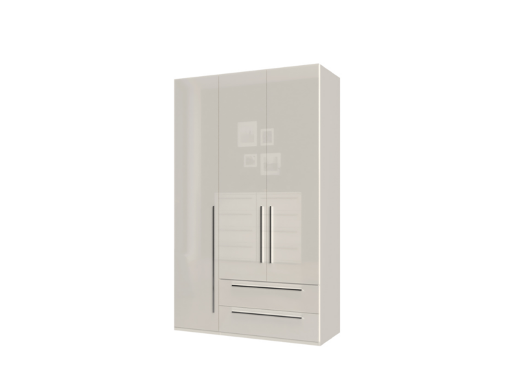 White tall wardrobe with glass-front doors and two bottom drawers, centered handles and a minimalist design in a neutral room option.
