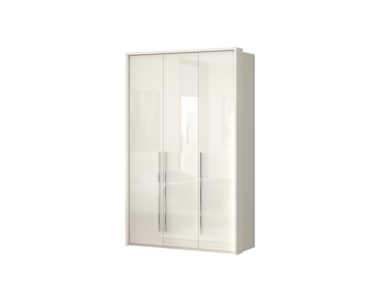 White four-door wardrobe with glass panels and tall vertical metal handles, standing upright in a bedroom setting (furniture storage).