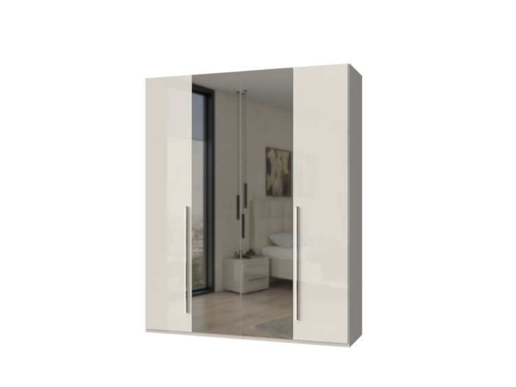 White glossy four-door wardrobe with two central mirrored doors and long vertical handles in a modern bedroom setting