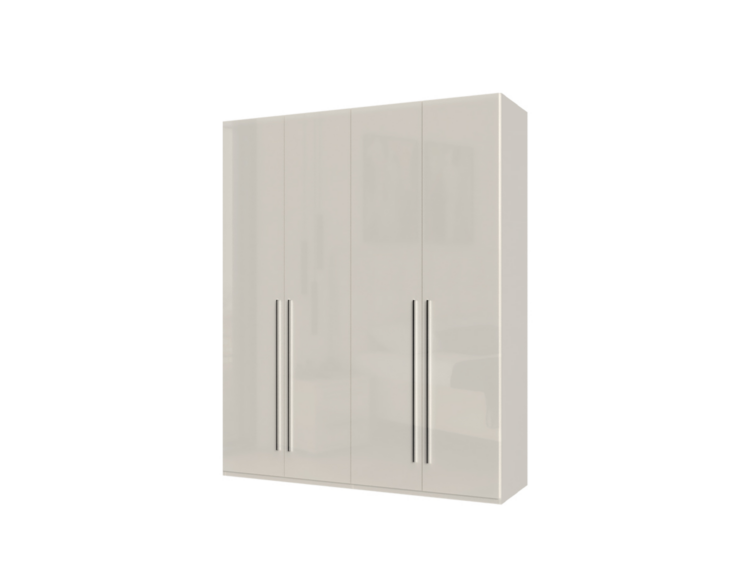 White glossy four-door wardrobe with tall vertical metal handles on each door.