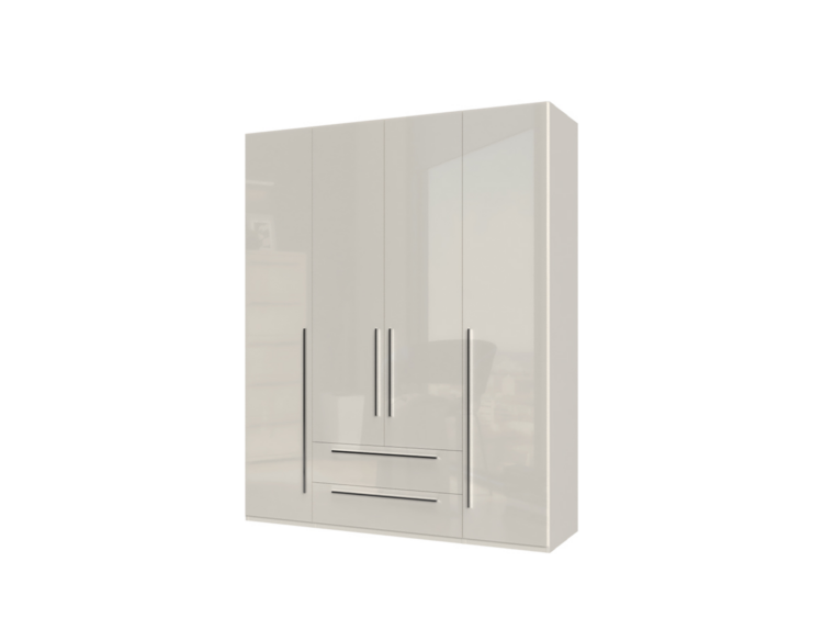 White glossy wardrobe with four doors, central drawer drawers and slim vertical handles for bedroom storage.