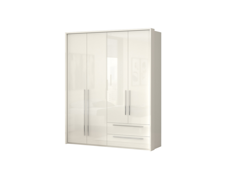 White glossy wardrobe with four doors and two lower drawers, slim metal handles on the doors.