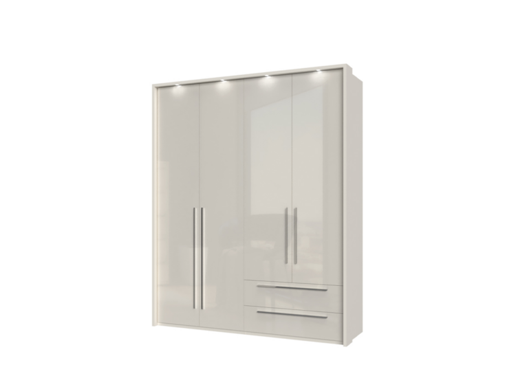 White matte wardrobe with four tall doors, long vertical handles, and two bottom drawers on the right side