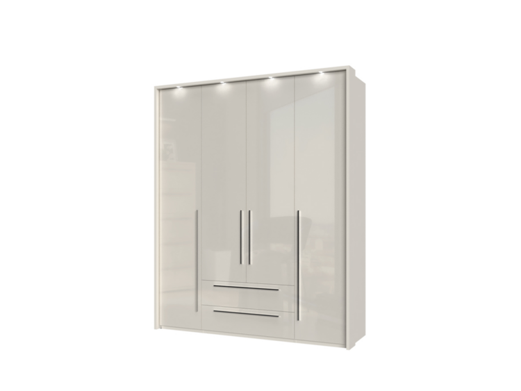 White tall wardrobe with four doors, two central drawers, and long vertical handles; sleek modern design.