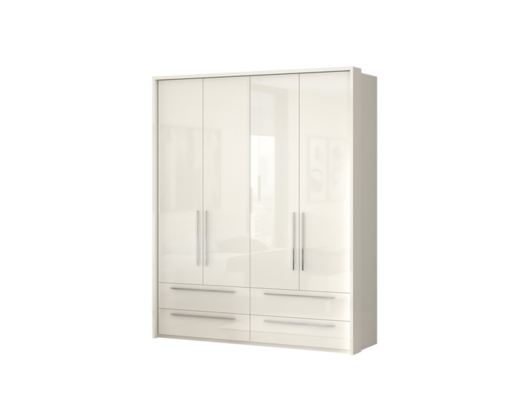 White bedroom wardrobe with four glossy doors, mirrored panels, and six lower drawers with long vertical handles in a neutral setting.