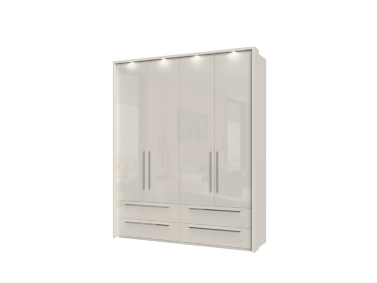 White modern wardrobe with frosted glass doors and four large drawers at the bottom, glossy finish.