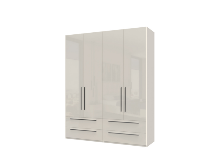 White glossy wardrobe with four tall doors and six drawers, featuring vertical metal handles on each door and wide drawer pulls at the bottom edge.