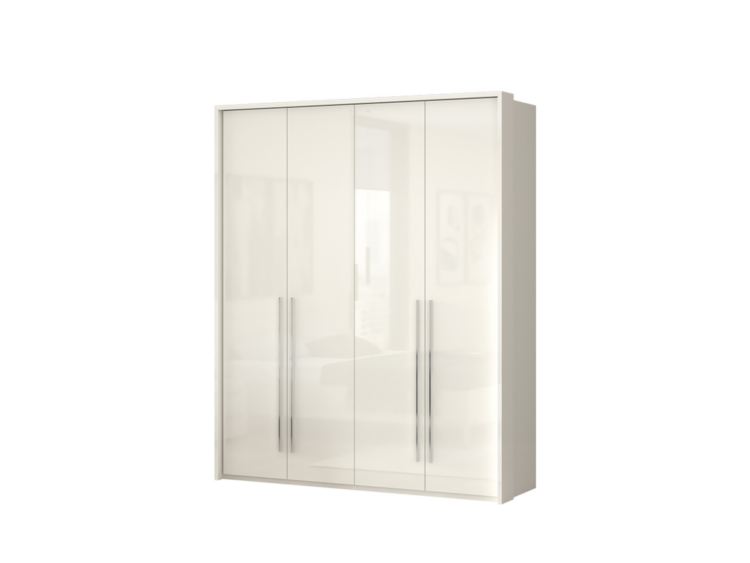 White four-door wardrobe with reflective glass panels and tall vertical handles, standing in a bright room