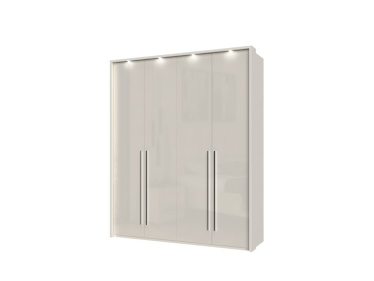 White four-door bedroom wardrobe with long vertical chrome handles and a clean, minimalist frame.