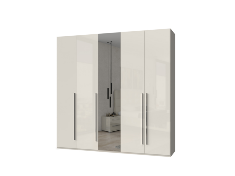 White glossy wardrobe with four doors; the middle panel is open, revealing a gray interior and a glimpse of a bedroom dresser behind it.