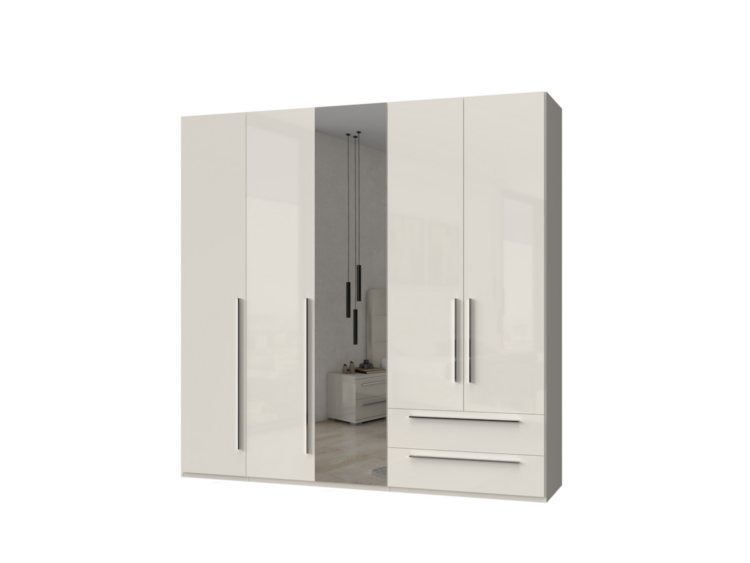White modern wardrobe with multiple tall doors and two lower drawers, showing a reflective center panel that hints at a bedroom interior