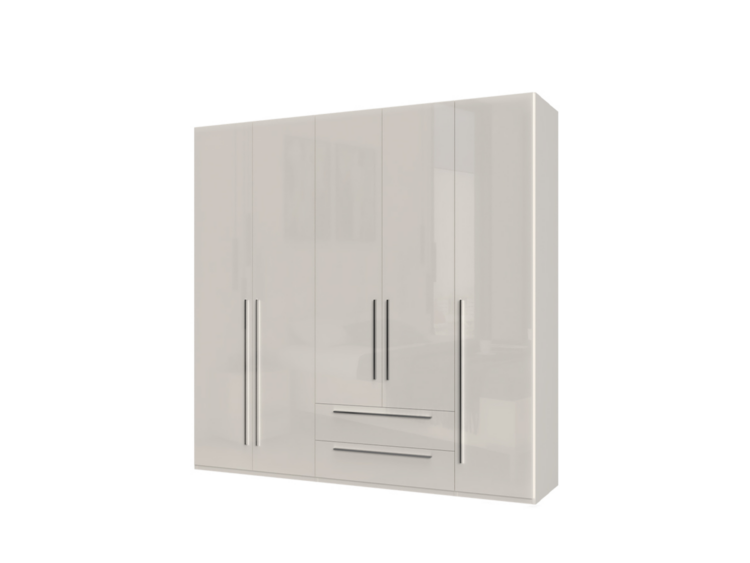 Glossy white wardrobe with four tall doors and two central drawers on a light background