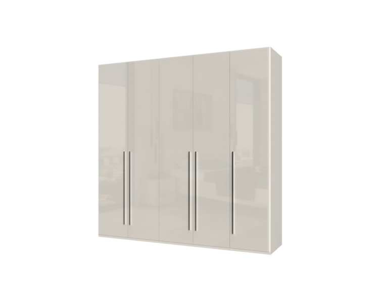 Five-door beige glossy wardrobe with long vertical chrome handles, in a contemporary bedroom setting (high-gloss finish reflects surroundings).