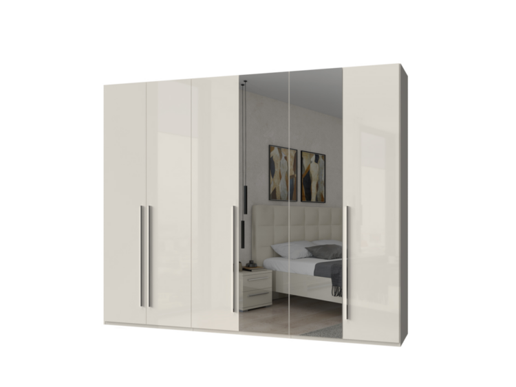 White modern wardrobe with mirrored central doors reflecting a bedroom with a bed and nightstand.