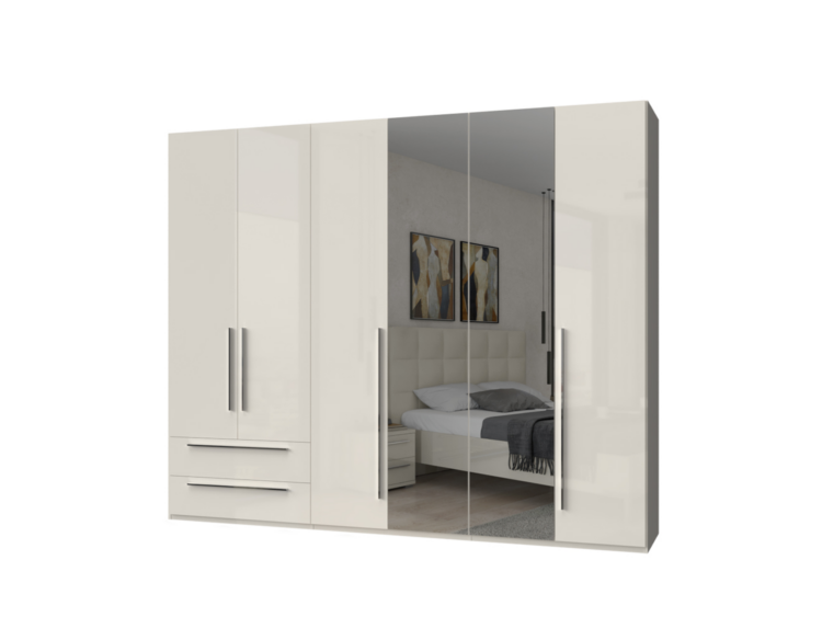 White modern wardrobe with mirrored sliding doors; reflection of a bedroom with bed and nightstand seen in the panels