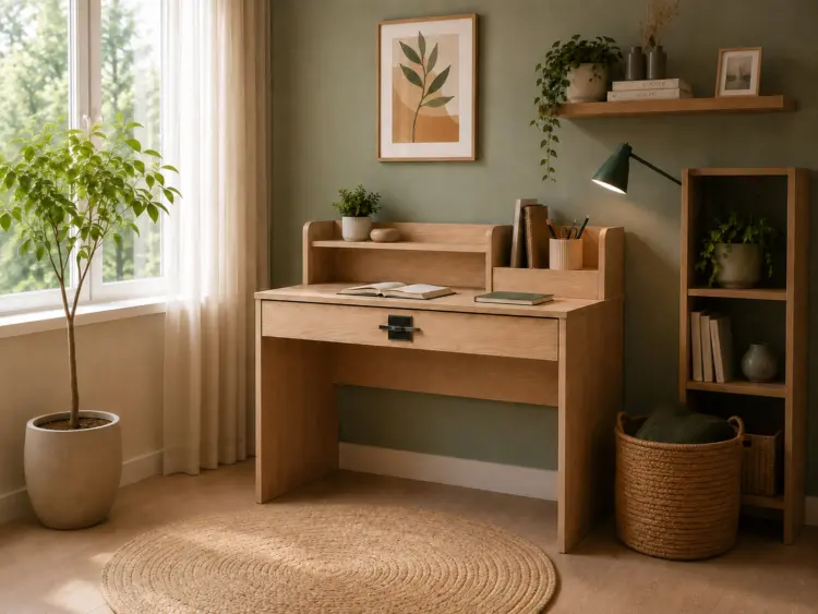 Wooden desk and shelf setup in a sunlit room with potted plant, books, and a woven basket nearby.