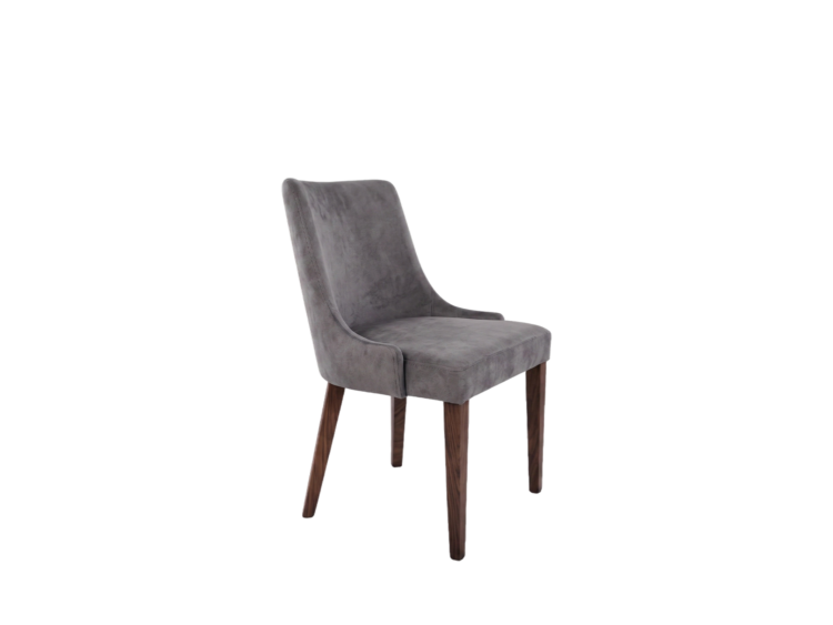 Gray upholstered chair with dark wooden legs, facing slightly left.