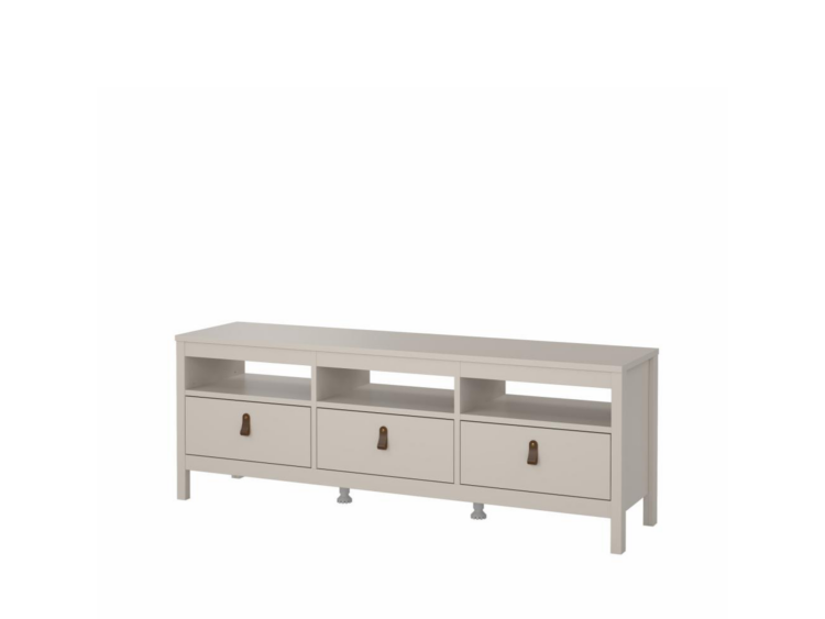 Cream-colored storage console with three bottom drawers, each with a small padlock, and three open cubby shelves above.