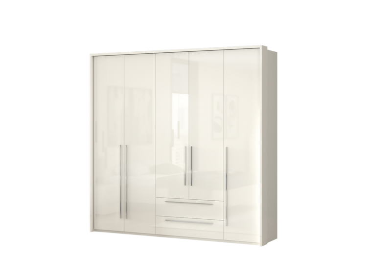 White high-gloss wardrobe with multiple doors and three bottom drawers, featuring long chrome handles on each door.