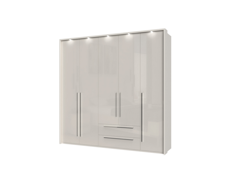 White glossy modern wardrobe with four tall doors and two central drawers, chrome handles, and a clean minimalist design.
