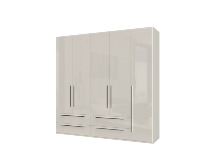 White glossy wardrobe with five tall doors and four drawers, featuring long vertical metal handles and a clean modern design