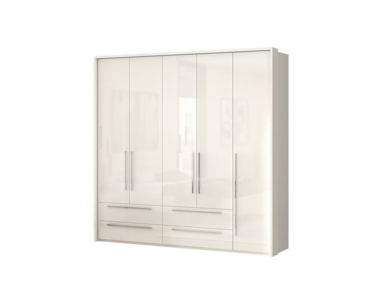 White glossy wardrobe with four tall doors and six bottom drawers, featuring long metal handles and a reflective finish.