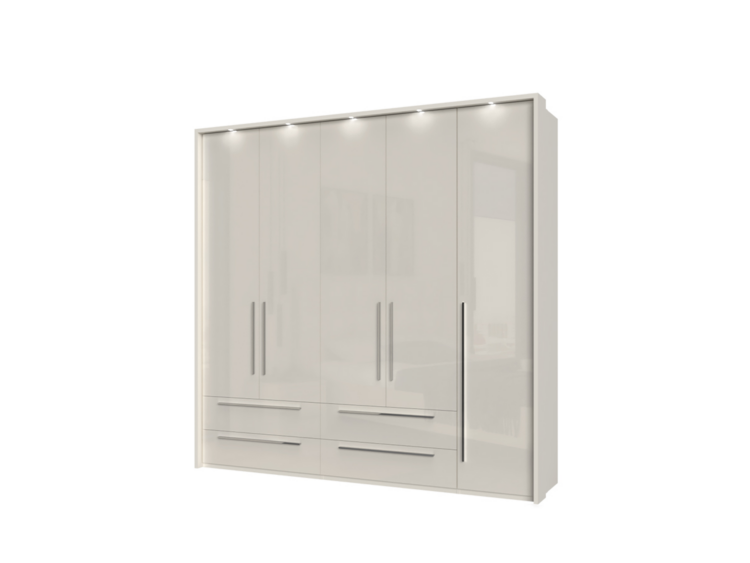 Modern white wardrobe with glass doors, vertical metal handles, and four bottom drawers