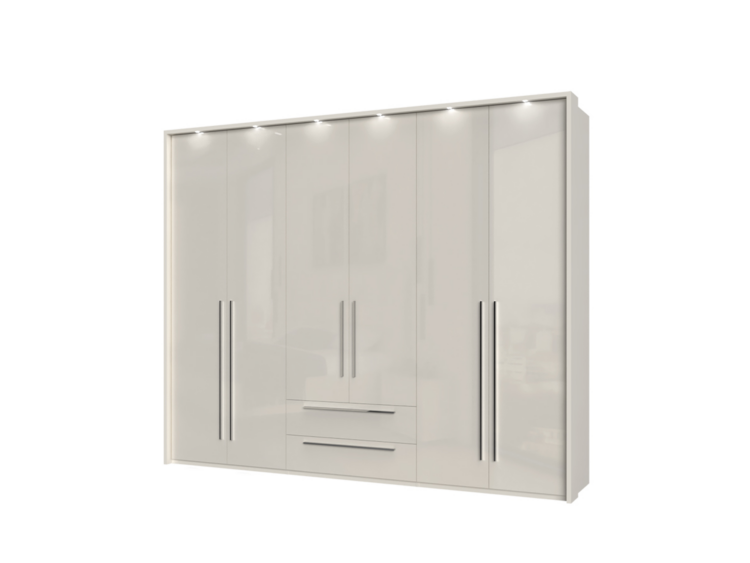 White glossy wardrobe with six doors and three center drawers, chrome handles, minimal design in a bedroom setting (informative).