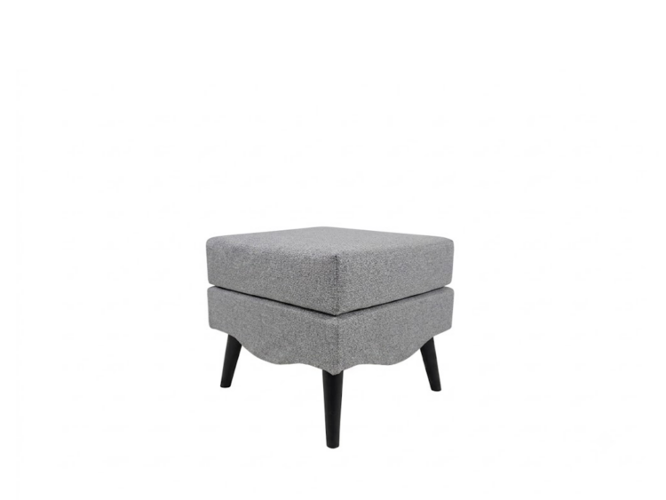 Gray upholstered ottoman with a cushioned top and four black angled legs.