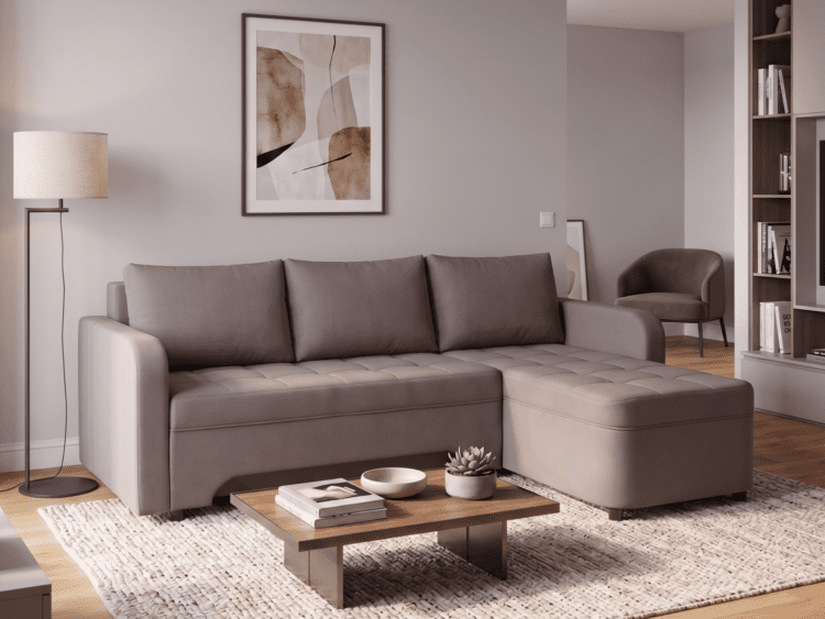 Modern neutral-toned living room with a large beige sectional sofa and matching tufted ottoman, a wooden coffee table, and a textured rug.