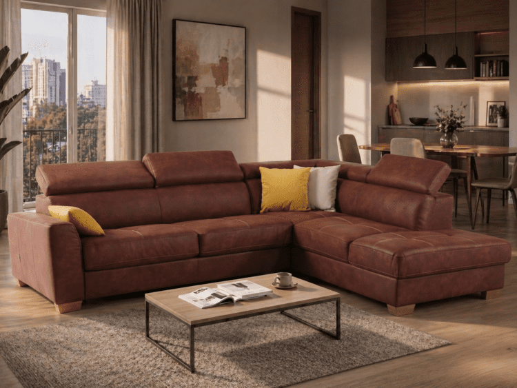 Brown leather L-shaped sofa with yellow and white pillows in a sunlit living room.
