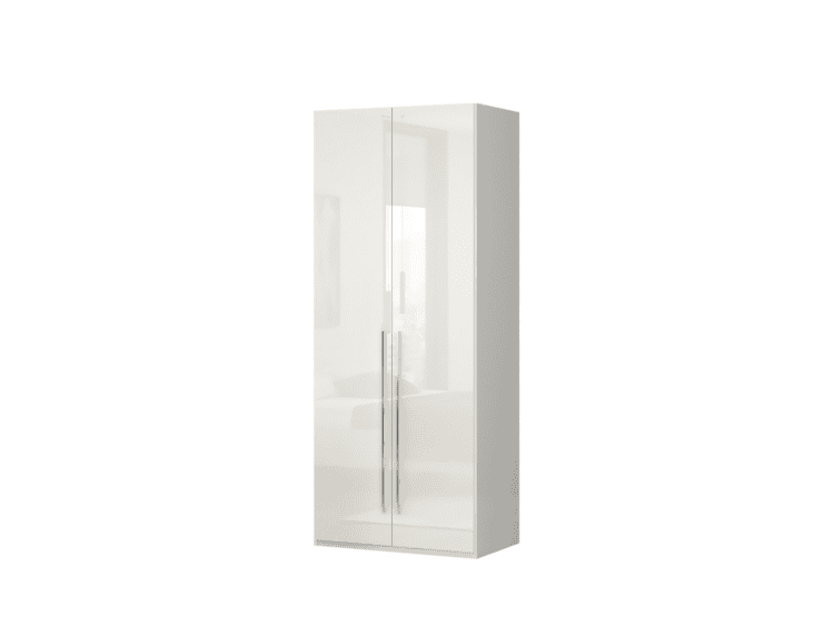 White tall wardrobe with glass-front doors and long vertical handles.