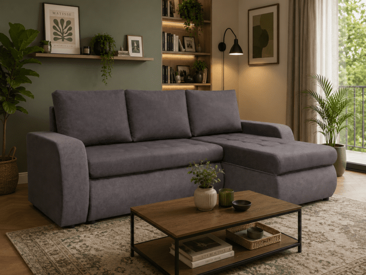 Grey sectional sofa in a cozy living room with plants, bookshelves, and a wooden coffee table in front of a patterned rug.