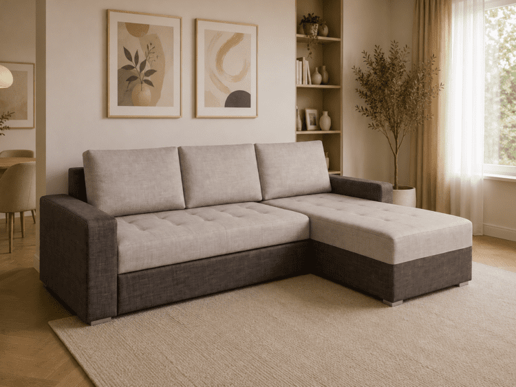 L-shaped beige and gray sectional sofa in a sunlit living room with framed art and a tall plant by the window.