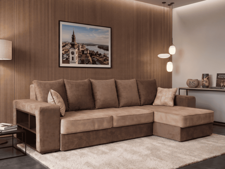 Cozy brown sectional sofa in a modern living room with a beige rug, perforated wall panels, and framed cityscape art above the sofa.
