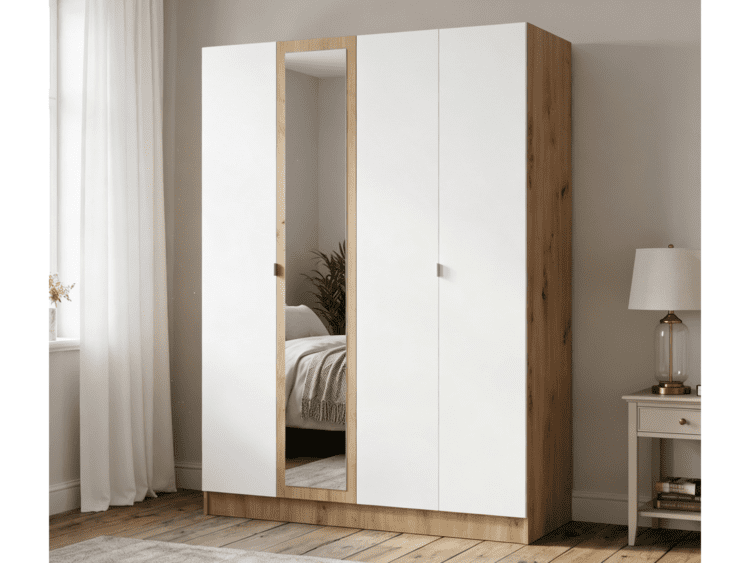 Modern wardrobe with white doors and natural wood frame, including a full-length mirrored panel reflecting a bed and greenery in the room.