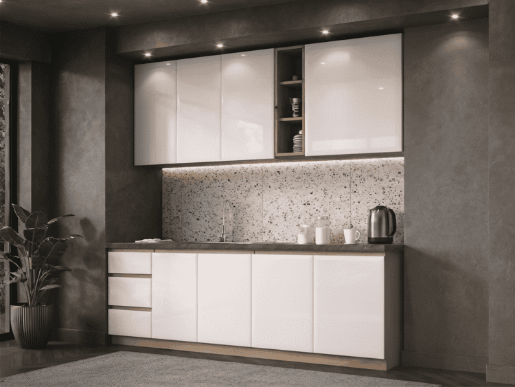 Modern kitchen with white glossy cabinets, terrazzo backsplash, and a stainless sink under subtle lighting.