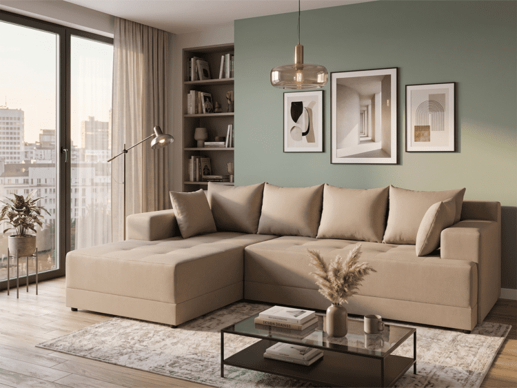 Beige L-shaped sofa in a sunlit living room with a green accent wall, framed art, and a glass coffee table.