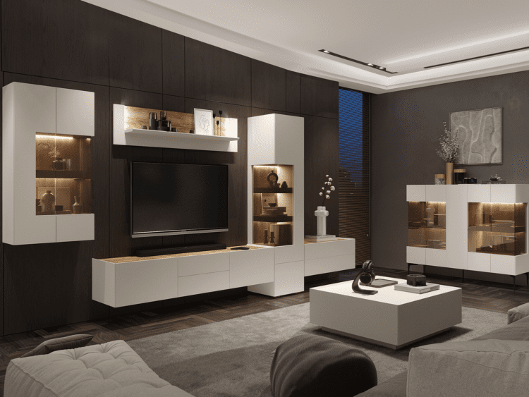 Modern living room with white modular entertainment unit, flat-screen TV, and glass display cabinets on a dark wood feature wall.