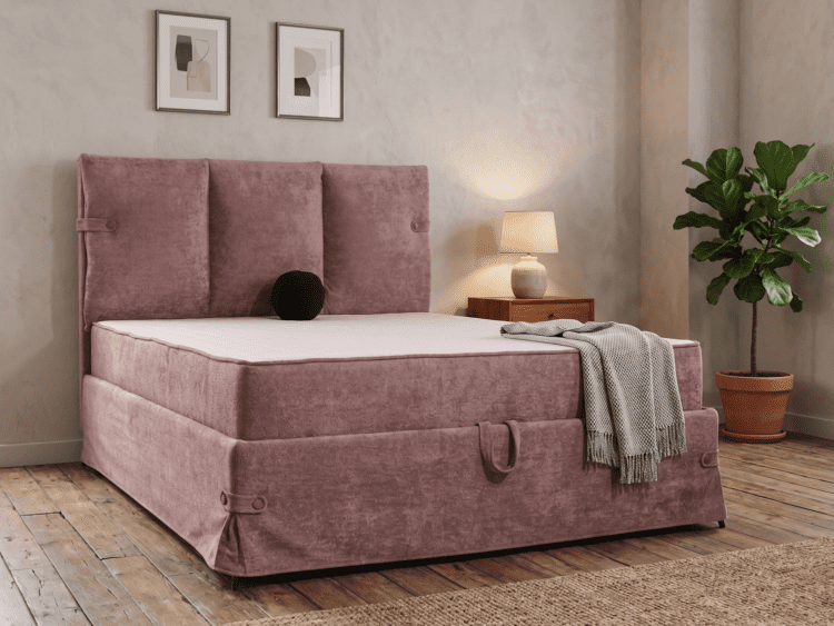Pink upholstered bed with a tall padded headboard and matching footboard in a cozy bedroom, a nightstand with a lamp beside it, and a gray throw blanket draped over the foot. A potted plant sits in the corner, and two framed pictures hang on the wall above the bed.