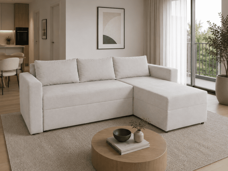 Light beige L-shaped sofa in a bright, minimalist living room with a round wooden coffee table and a rug by a glass balcony door.