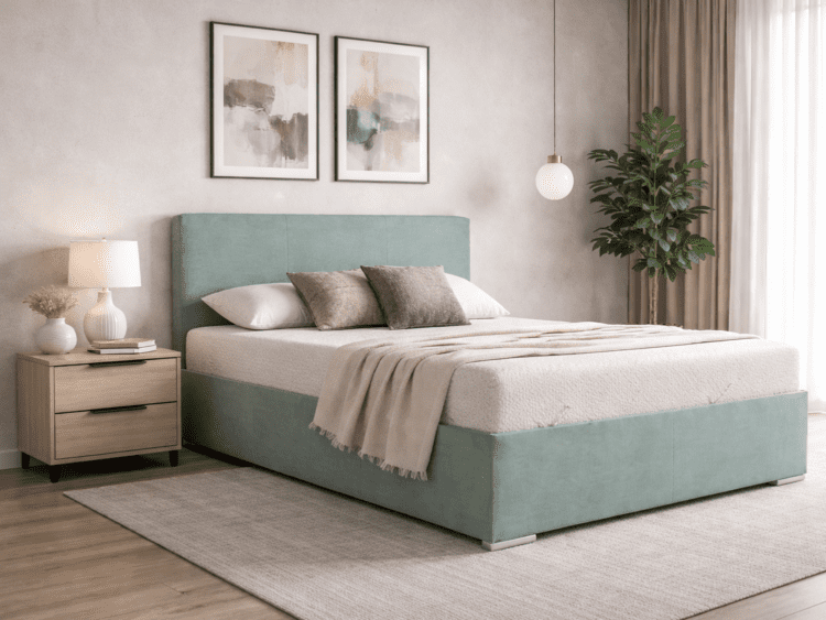 A modern bedroom with a teal upholstered bed, beige bedding, and two abstract framed artworks above the headboard.