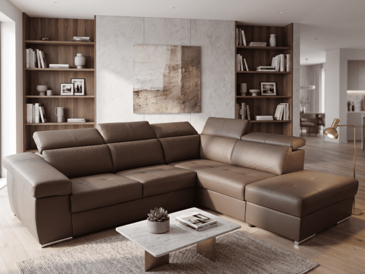 Brown leather L-shaped sectional sofa in a modern living room with a marble coffee table and built-in wooden bookshelves on both sides.
